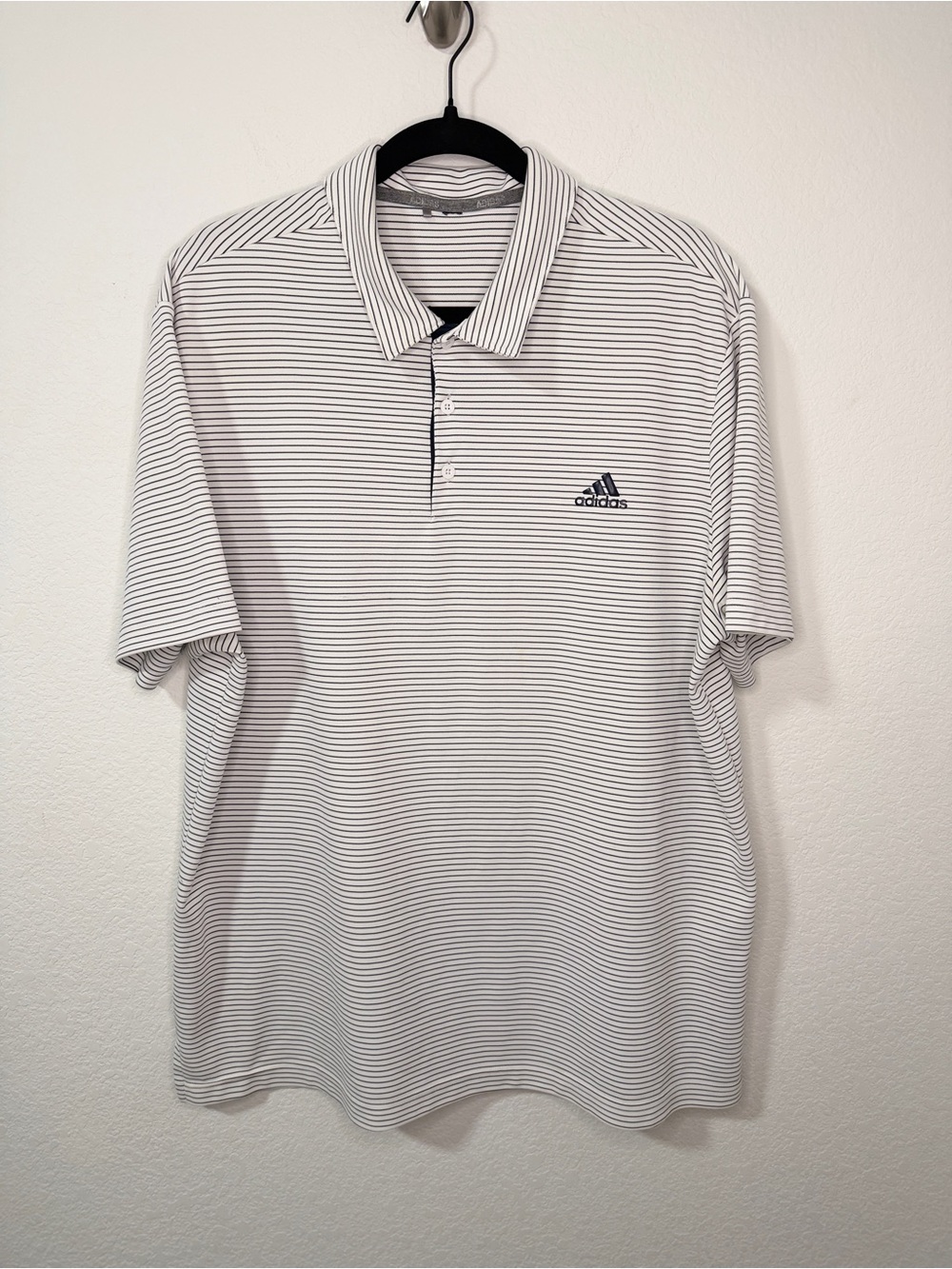 adidas White Golf Polo with Thin Black Stripes and Logo